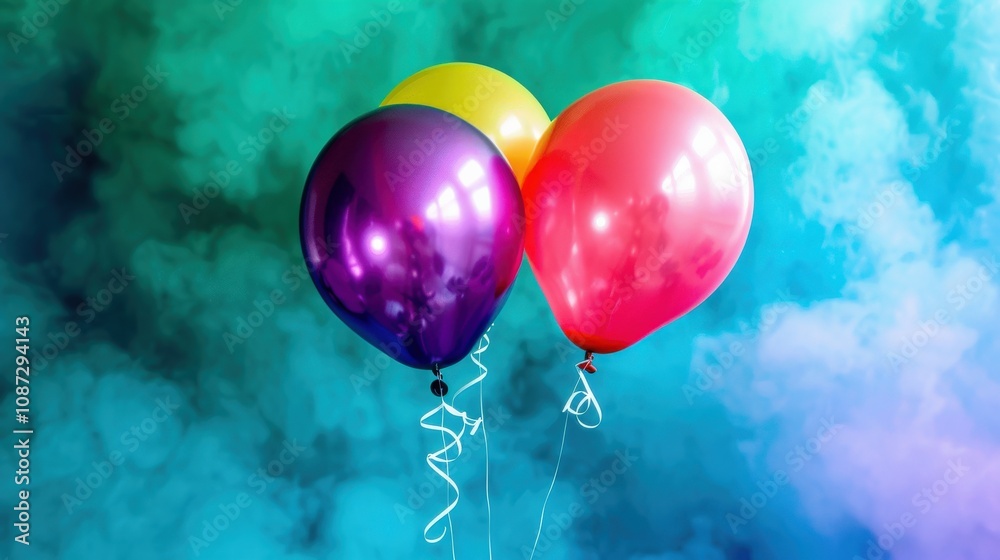 Three helium balloons in shiny metallic colors floating against soft, dreamy teal background, reflective surfaces soft hues evoke calm, celebratory, sophisticated mood, ideal for modern event decor. Three helium balloons in shiny metallic colors floating against soft, dreamy teal background, reflective surfaces soft hues evoke calm, celebratory, sophisticated mood, ideal for modern event decor.