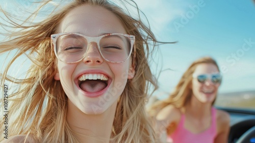 Joyful Women Singing and Laughing on Road Trip