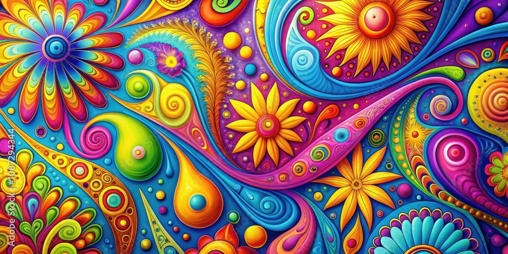 A vibrant and playful abstract art piece with swirling shapes, colorful flowers, and an array of bright colors. A vibrant and playful abstract art piece with swirling shapes, colorful flowers, and an array of bright colors.