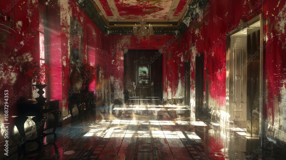 Grand, aged hallway with peeling red walls, by soft natural light filtering through large windows. Vintage furniture adds mysterious and moody atmosphere of this historic space. Grand, aged hallway with peeling red walls, by soft natural light filtering through large windows. Vintage furniture adds mysterious and moody atmosphere of this historic space.