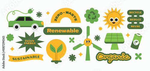 Sustainable green stickers. Badge, patch, labels go green. Clean energy, renewable, Eco.