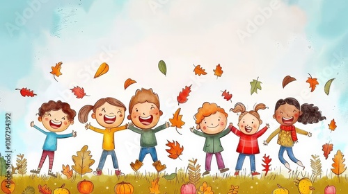 Watercolor of six children playing outdoors in autumn, laughing and throwing colorful leaves. Cheerful and playful scene, capturing the excitement and joy of outdoor fun during the fall season.