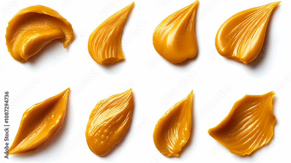 Eight Golden Caramel Swirls Arranged on White Background, Delicious Sweet Treat, Rich Texture, Shiny Glossy Surface, Studio Shot Eight Golden Caramel Swirls Arranged on White Background, Delicious Sweet Treat, Rich Texture, Shiny Glossy Surface, Studio Shot