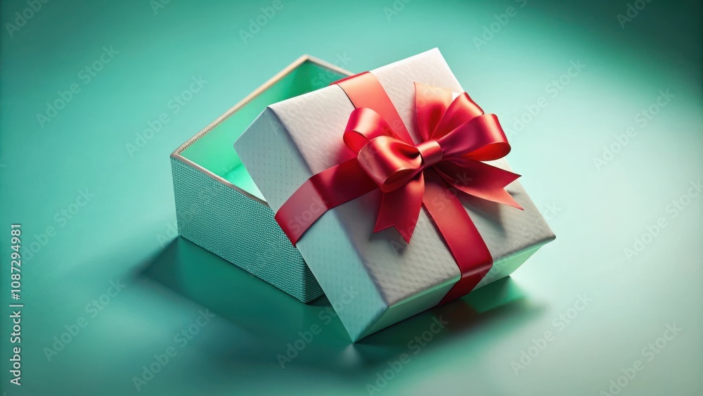A white gift box with a bright red bow, partially open to reveal the empty interior, sits on a vibrant teal background. A white gift box with a bright red bow, partially open to reveal the empty interior, sits on a vibrant teal background.