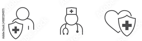 Healthcare line icons. Patient, doctor and medicine symbols. Isolated vector images in simple style