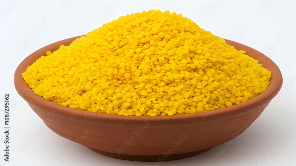 A terracotta bowl overflowing with vibrant yellow split pigeon peas, a staple in many cuisines. High-quality image perfect for food blogs, cookbooks, and culinary websites. A terracotta bowl overflowing with vibrant yellow split pigeon peas, a staple in many cuisines. High-quality image perfect for food blogs, cookbooks, and culinary websites.