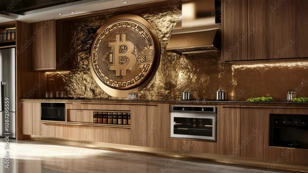 Luxurious kitchen with a bitcoin logo on a golden wall is moving subtly. Light is changing, suggesting increasing value and wealth