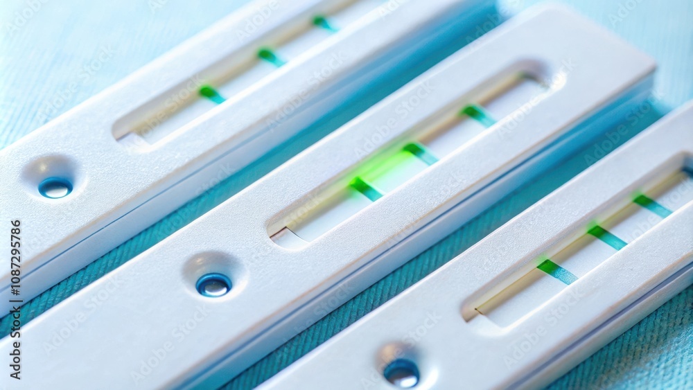 Close-up view of three diagnostic test strips with visible green lines indicating a positive result. Close-up view of three diagnostic test strips with visible green lines indicating a positive result.