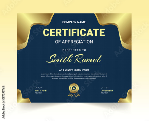 Blue and gold certificate of achievement template with gold badge and border