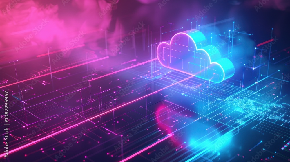 A digital illustration of cloud computing with vibrant neon colors and data streams. A digital illustration of cloud computing with vibrant neon colors and data streams.