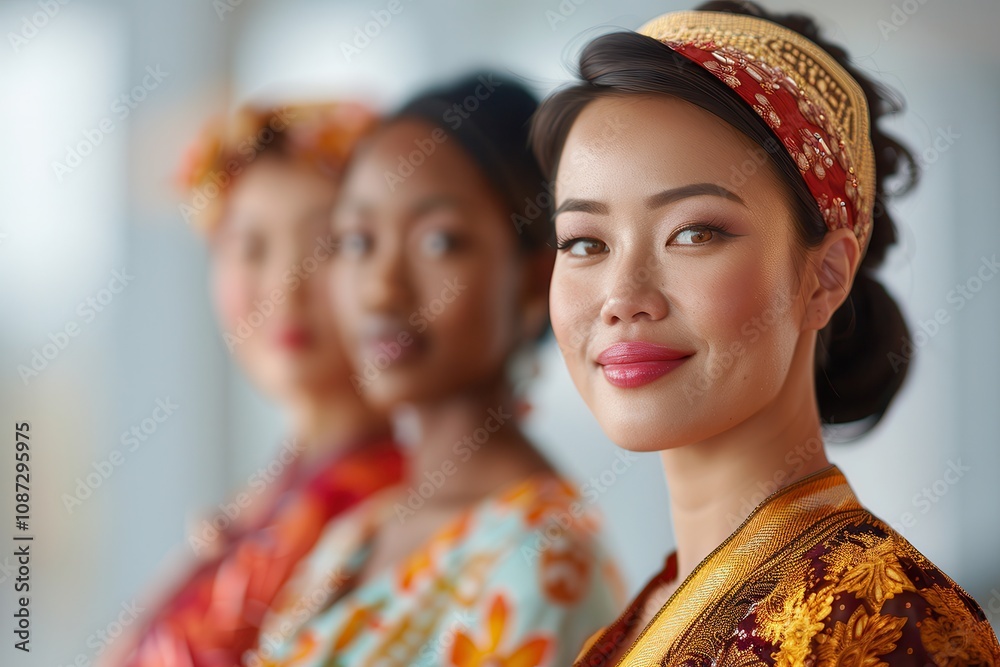 A close-up portrait of diverse women wearing vibrant traditional clothing, celebrating cultural heritage and diversity, with a soft background. A close-up portrait of diverse women wearing vibrant traditional clothing, celebrating cultural heritage and diversity, with a soft background.