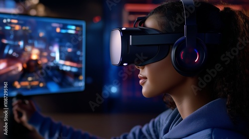 A woman wearing a VR headset plays a video game in front of a computer monitor