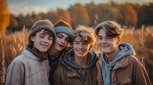 Four Teenage Boys Smiling in Autumn Field