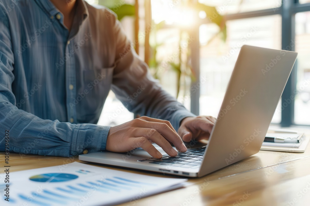 Close-up of a man typing on a laptop at a wooden desk with charts and sunlight, symbolizing productivity, work, and modern office setup. Close-up of a man typing on a laptop at a wooden desk with charts and sunlight, symbolizing productivity, work, and modern office setup.