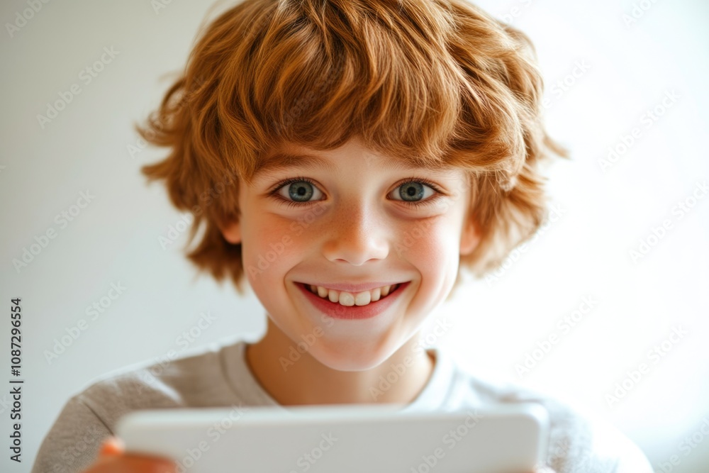Excited Child Enjoying Technology in Bright Room Excited Child Enjoying Technology in Bright Room