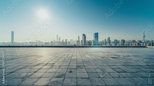 Empty square floor with city skyline background, Cityscape in perpetual motion, kinetic energy pulsating through the urban panorama photo