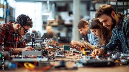 A group of students in a tech workshop building their own simple electronic devices, learning the basics of circuitry and design