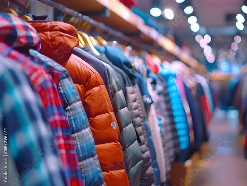 Colorful Winter Jackets Hang on Racks in a Clothing Store, Displaying a Variety of Styles and Patterns for the Cold Season. photo