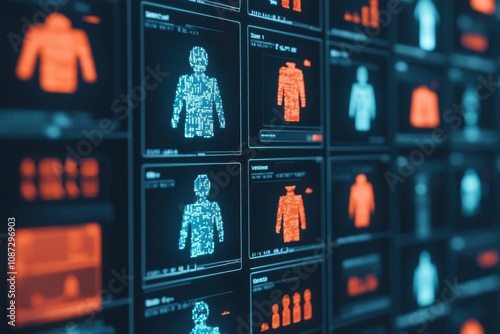 Display of digital clothing designs with human avatars, showcasing fashion technology and virtual apparel in vibrant colors.