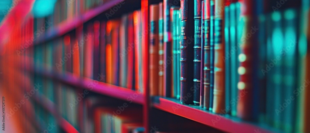 Obraz premium A colorful blurred view of a bookshelf filled with various books.