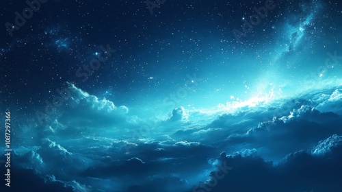 The sky transitioning from day to night, with a deep blue hue and the faint glow of stars and the galaxy.