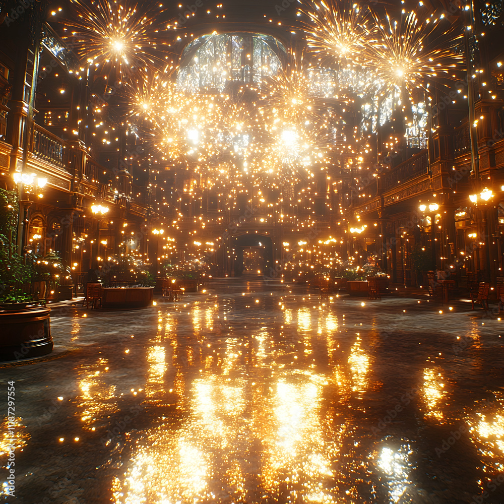 Grand hall interior with sparkling fireworks. Grand hall interior with sparkling fireworks.