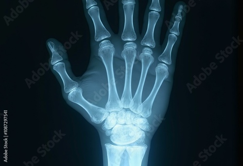 Human hand with glowing blue bone outline on dark background