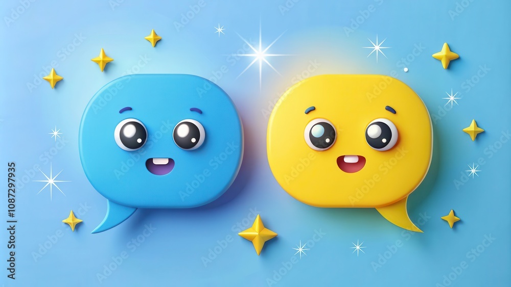 A cheerful blue and yellow speech bubble with kawaii eyes and a smiling mouth on a light blue background with stars and sparkles A cheerful blue and yellow speech bubble with kawaii eyes and a smiling mouth on a light blue background with stars and sparkles