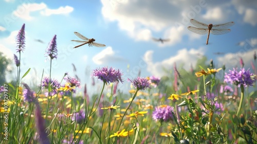Fototapeta Naklejka Na Ścianę i Meble -  A group of dragonflies flying over a field of wildflowers, emphasizing harmony in nature