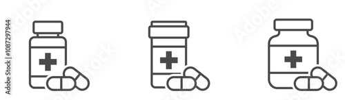 pill bottle line icon set. medicine, therapy and medication symbols. isolated vector images in simple style