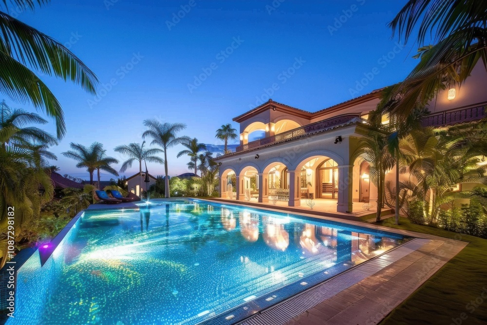 Luxury Villa Reflects in Tranquil Pool at Twilight with Palm Trees Luxury Villa Reflects in Tranquil Pool at Twilight with Palm Trees
