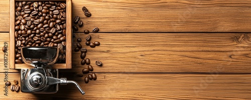 Coffee grinder with beans on wooden table, top view.