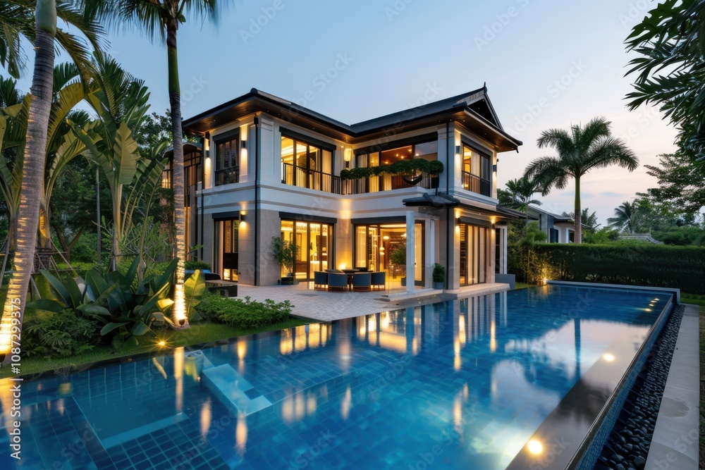 Fototapeta premium Luxury Home with Pool Reflects Evening Sky Beautifully at Dusk