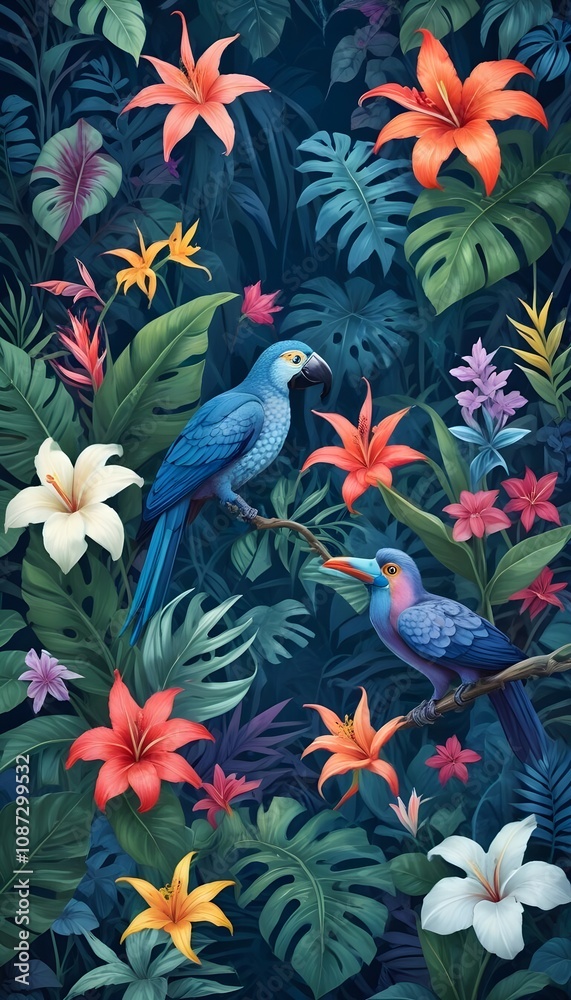 Tropical exotic pattern with animal and flowers in bright colors and lush vegetation Tropical exotic pattern with animal and flowers in bright colors and lush vegetation