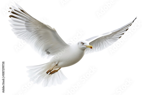 Realistic white seagull in flight on transparent background