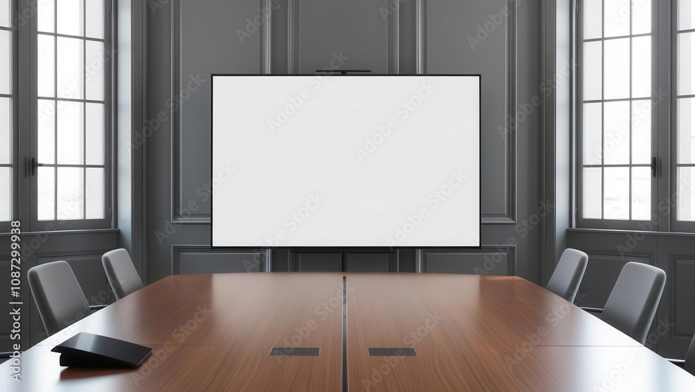 mockup screen. A modern conference room featuring a large empty screen, a wooden table, and stylish chairs, illuminated by natural light from large windows. mockup screen. A modern conference room featuring a large empty screen, a wooden table, and stylish chairs, illuminated by natural light from large windows.