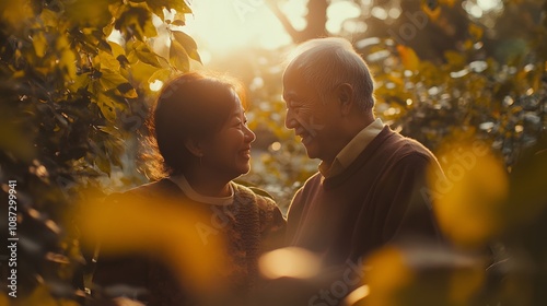 Golden hour embraces an elderly couple, sharing smiles and a quiet moment amidst nature's beauty. photo