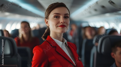 A poised flight attendant in a vibrant red uniform smiles warmly, amidst the blurred background of an airplane cabin.  Safety and service in the sky.