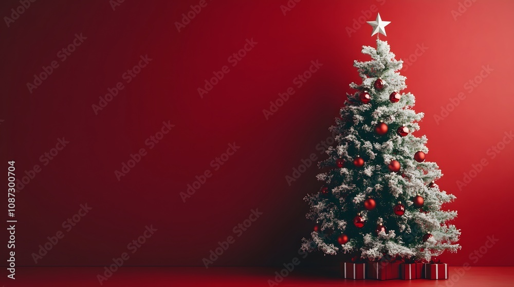Frosted Christmas tree with red ornaments against a rich red backdrop. Festive cheer! Frosted Christmas tree with red ornaments against a rich red backdrop. Festive cheer!