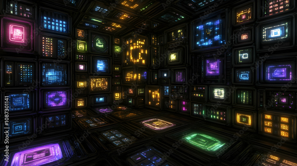 Futuristic digital room with glowing screens displaying colorful data streams; abstract tech background. Futuristic digital room with glowing screens displaying colorful data streams; abstract tech background.