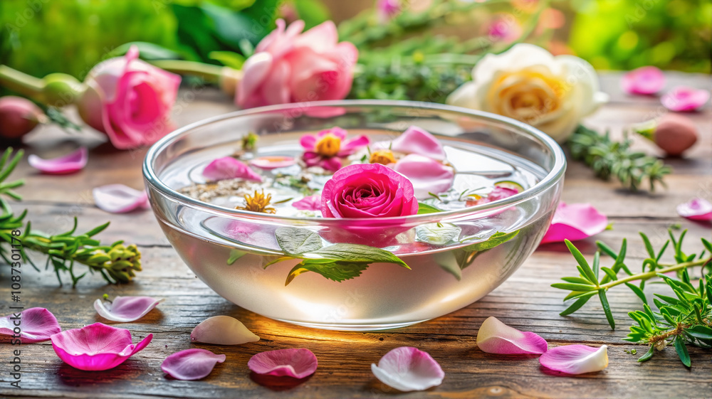Bowl with floating rose petals and water on wooden table Bowl with floating rose petals and water on wooden table