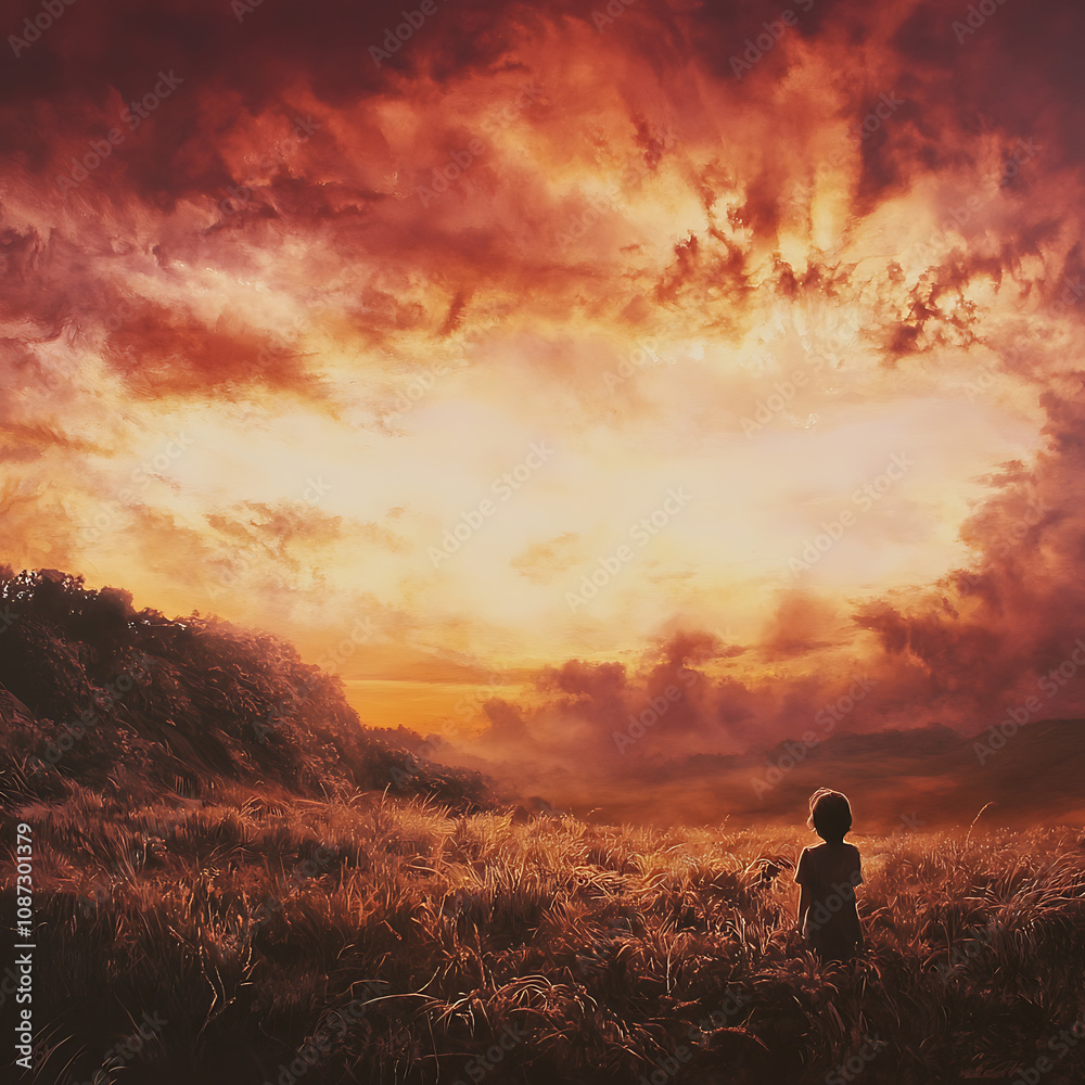 Obraz premium A Young Child Gazes at a Breathtaking Sunset Over a Mountain Landscape, Illuminated Sky and Dramatic Cloud Formation, Evoking Wonder and Innocence in Nature's Realm