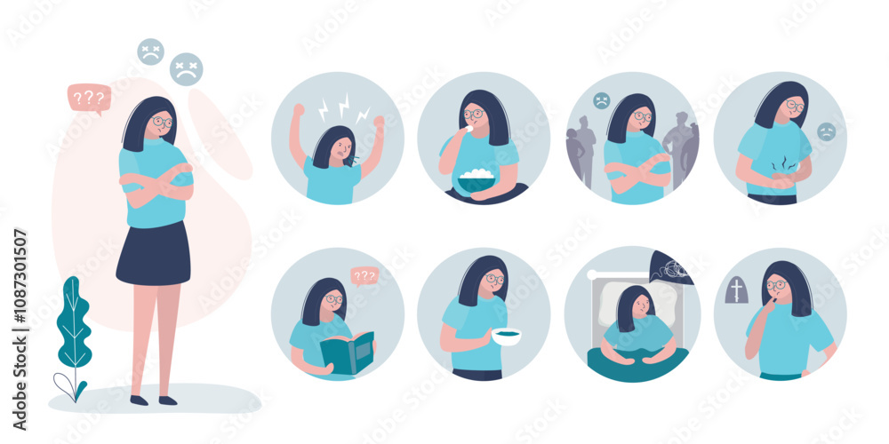 Fototapeta premium Sad female suffer from depression or mental psychological problems. Infographics of depression symptoms. Reasons of the disease. Medical info poster.