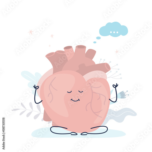 Cute human heart character relax and meditate. Funny circulatory cardiology organ meditation in lotus yoga pose. Keep calm and relax concept. Fun relax heart mascot