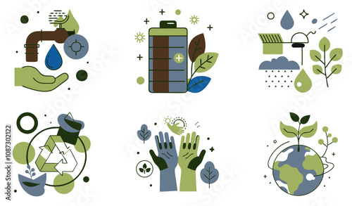 Eco-themed icon collection representing water conservation and sustainable energy practices
