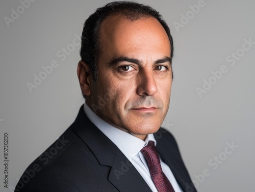 Full-length bust portrait of a lawyer, wearing a sharp suit and tie, looking confident and approachable, with light make-up, white background