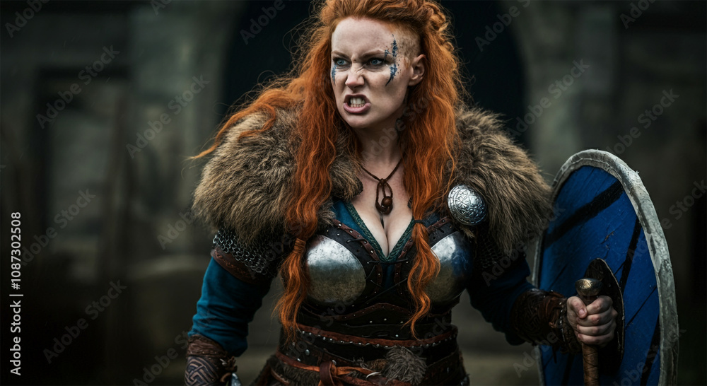 Obraz premium Intense Beautiful Red Hair Female Viking Warrior Woman, Fur Clothes with Armor, Battle Ready