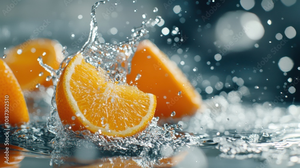 Juicy Orange Slices Splashing in Clear Water Juicy Orange Slices Splashing in Clear Water