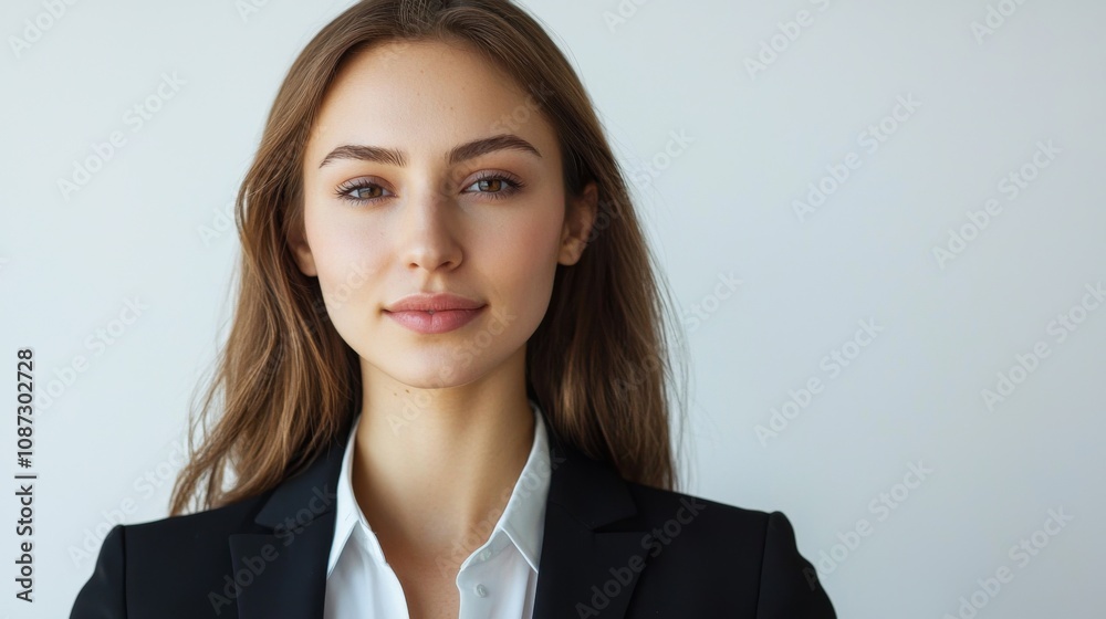 Full-length bust portrait of a lawyer, wearing a sharp suit and tie, looking confident and approachable, with light make-up, white background Full-length bust portrait of a lawyer, wearing a sharp suit and tie, looking confident and approachable, with light make-up, white background