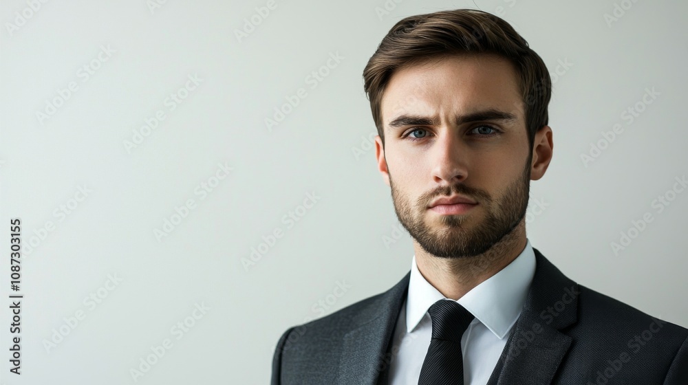 Full-length bust portrait of a lawyer, wearing a sharp suit and tie, looking confident and approachable, with light make-up, white background Full-length bust portrait of a lawyer, wearing a sharp suit and tie, looking confident and approachable, with light make-up, white background
